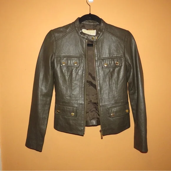 Michael Kors Green Leather Moto Jacket Fitted Cropped Design